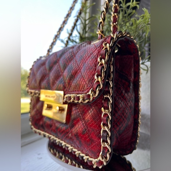 Michael Kors Carine Medium Red Snake Print Leather Shoulder Bag NWT - Picture 2 of 5
